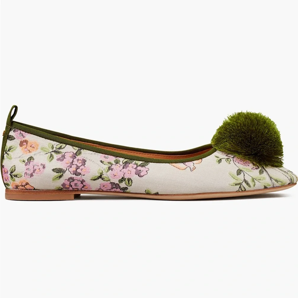 Tory Burch Floral Canvas Ballet Flats with Green Pom Pom - Picture 4 of 13